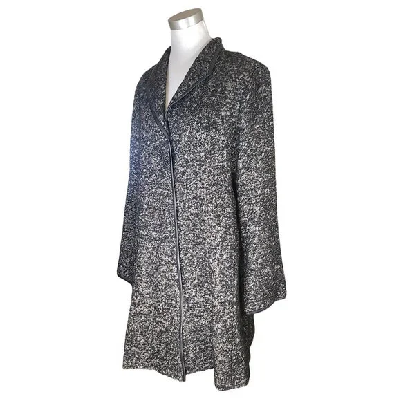 ⚜️ EILEEN FISHER ⚜️ sz L black tweed & leather lighter coat jacket transitional - Picture 4 of 11